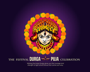 Illustration of Goddess Maa Durga in Happy Dussehra Navratri background Template Design celebrated in Hindu Religion and festival of happy durga puja