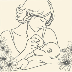 Minimalist Line Art of Mother and Baby with Floral Accents