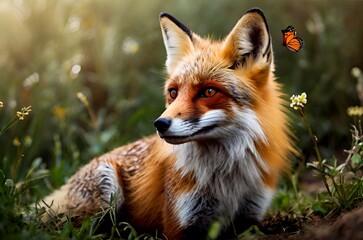 Fototapeta premium Lovely sight of a beautiful fox with a butterfly in a beautiful forest