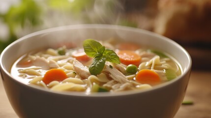 A bowl of steaming chicken noodle soup with fresh vegetables. It's a healthy and comforting meal.