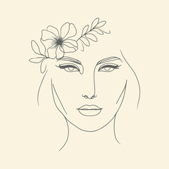 Hand drawn Lineart woman face and flower