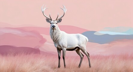 Fototapeta premium Majestic white stag standing on a soft pink background blending into an abstract pastel landscape