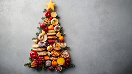 A Christmas tree made from breakfast foods, like pancakes and waffles, sits on a gray background.  You can see the whole tree from above, and there's plenty of space around it.