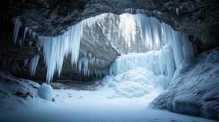 The frozen waterfall glistens in the winter light, with stunning ice formations adorning the surrounding rock walls and a peaceful snowy expanse below