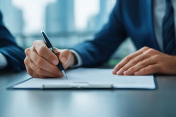 Business professional signing important document at office desk. Corporate paperwork, contract agreement, financial deal.