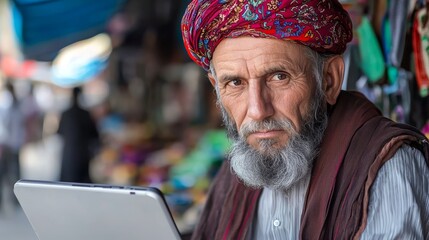 Obraz premium A man in traditional attire working on a laptop in a vibrant marketplace, symbolizing the blend of heritage and modern technology in the global economy.