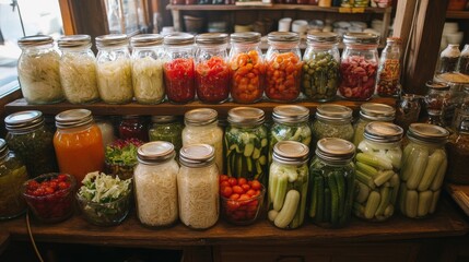 A collection of glass jars filled with pickled cucumbers, tomatoes, and cabbage. There are also jars of other pickled vegetables and canned food, arranged in a rustic style.