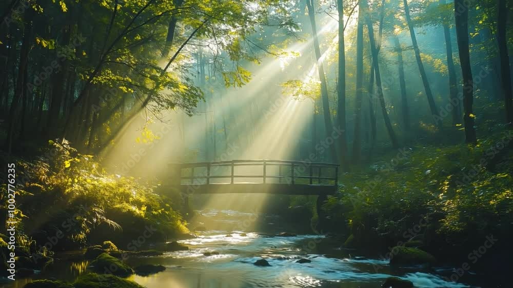 Aufkleber sunlight streaming through trees over a serene stream with a gentle bridge in a lush forest at dawn