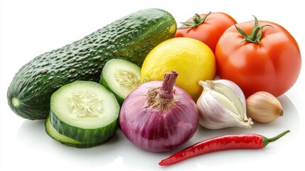 A colorful arrangement of avocado, onion, tomatoes, chili pepper, cucumber, garlic, and lemon. The vegetables are spread out on a white background, showcasing their vibrant colors and textures.