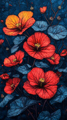 Vibrant red and orange flowers bloom against a dark blue background.