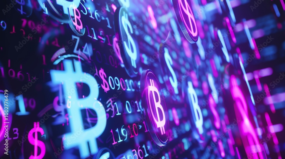 Poster floating digital currency symbols in virtual space
