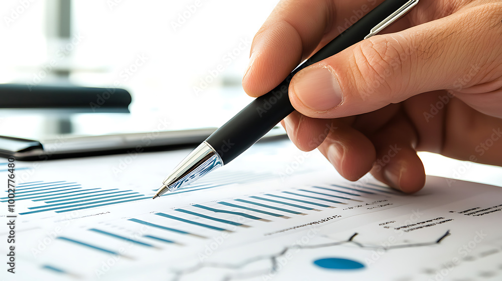 Poster a close-up of a hand holding a pen over a document filled with graphs and charts, indicating data an
