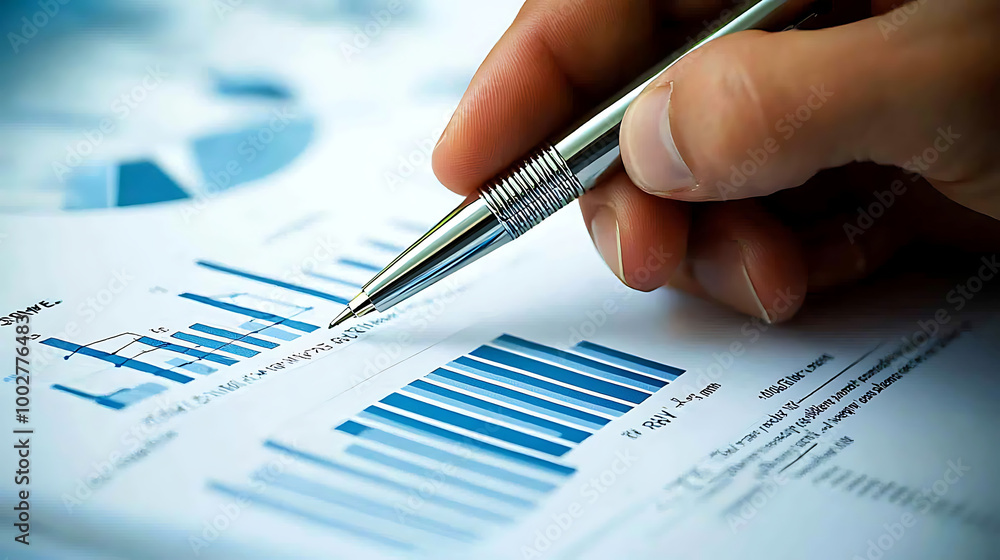 Poster a hand holding a pen points to graphs and charts on a report, highlighting data analysis and present
