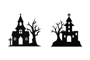 hunted house tree silhouette vector