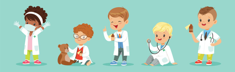 Adorable Kids Playing Doctor in Hospital Costume Vector Set