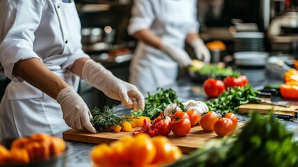 Chefs prepare fresh vegetables in a commercial kitchen, showcasing vibrant colors and meticulous food preparation techniques.