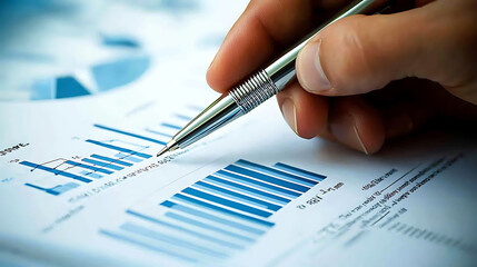 A hand holding a pen points to graphs and charts on a report, highlighting data analysis and presentation.