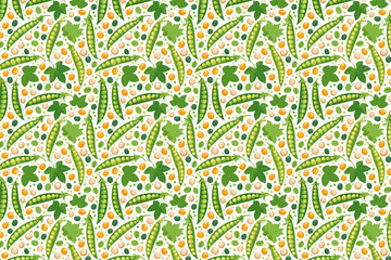 Seamless pattern with green peas and leaves vector texture