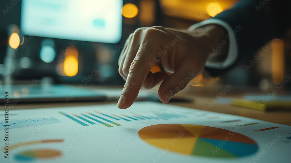 Poster a business professional analyzes data charts on a report, focusing on performance metrics displayed 