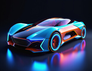 fictional vibrant neon car design concept with glowing wheels and dynamic lighting effects