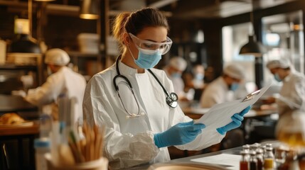 A healthcare professional in a kitchen setting reviews documents while wearing PPE, indicating a focus on food safety and hygiene.