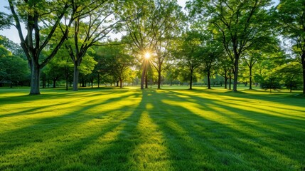 Fototapeta premium Sunbeams Through Trees in a Park