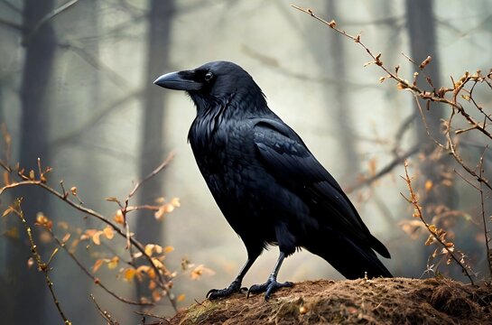 View of a black crow standing alone in a deserted forest