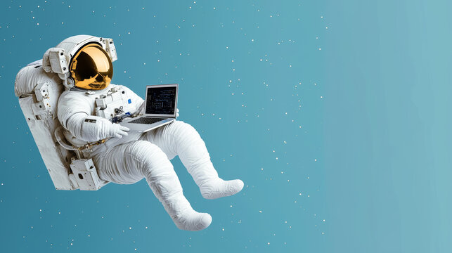 An astronaut floating outside their spacecraft, using a specialized laptop to monitor environmental conditions in space.