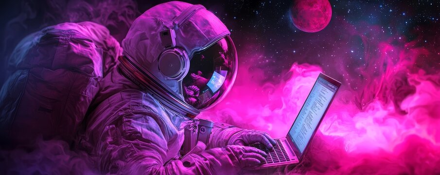 An astronaut typing on a laptop in the vacuum of space, connecting with mission control as they explore an alien world.