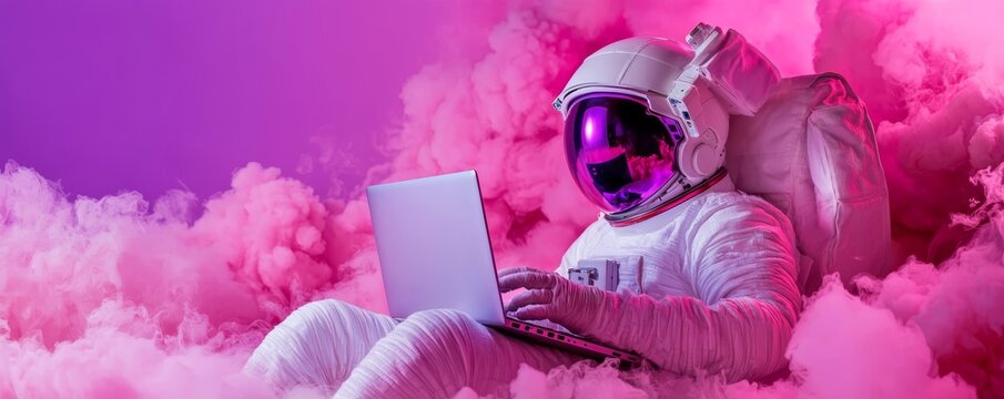 An astronaut typing on a laptop in the vacuum of space, connecting with mission control as they explore an alien world.