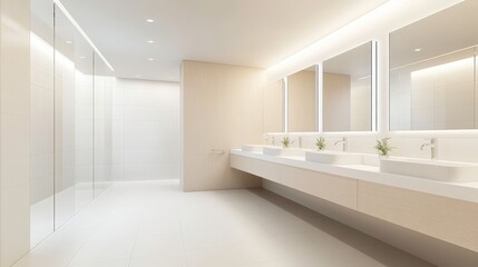 A white bathroom with a wood paneled wall and a row of sinks