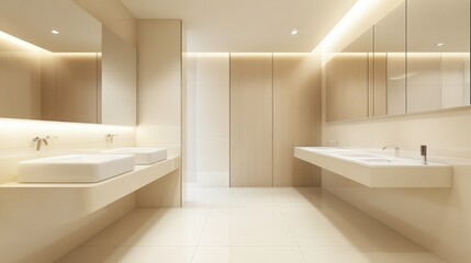 A large bathroom with two sinks and a mirror