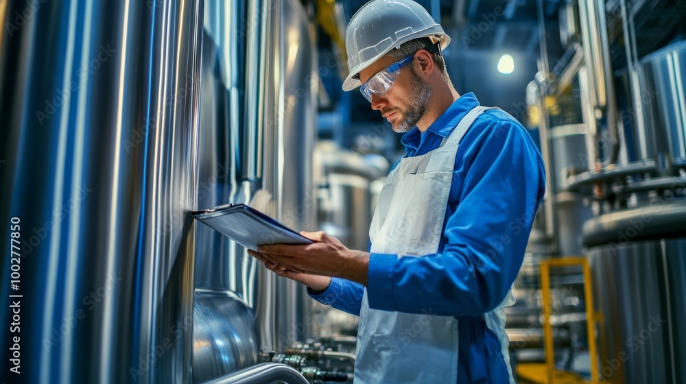 Canvas Prints A worker in safety gear inspects machinery in a modern industrial facility, ensuring quality and safety compliance.