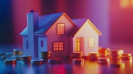 Colorful Miniature House and Coins on Vibrant Background Representing Real Estate Investment and