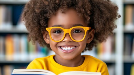 Happy young disabled mixed race school student in wheelchair reading a library book. African american child with disability learning. Inclusive and diverse education