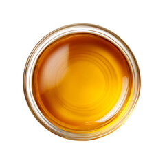 A top view of a clear glass bowl filled with amber-colored liquid, isolated on transparent