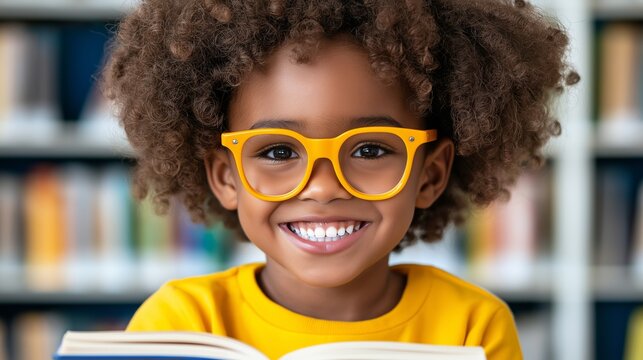 Happy young disabled mixed race school student in wheelchair reading a library book. African american child with disability learning. Inclusive and diverse education