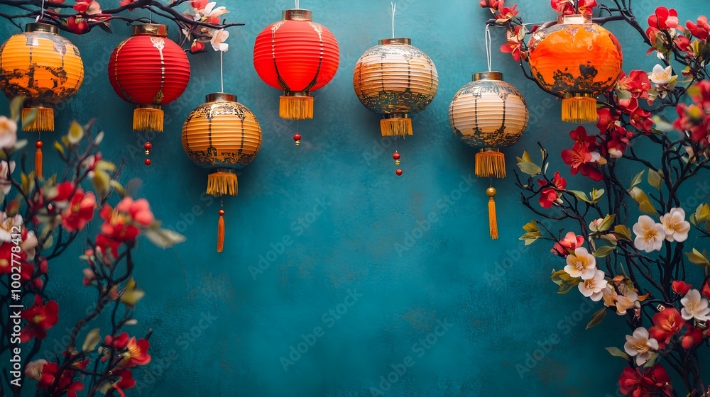 Poster vibrant chinese new year backdrop featuring a display of colorful paper lanterns traditional pattern