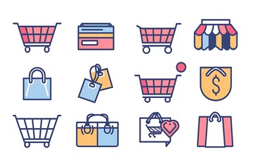 Set of minimalist e-commerce icons designed with clean lines and simple shapes, representing shopping