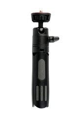 Black handheld tripod on white background, isolated view.
