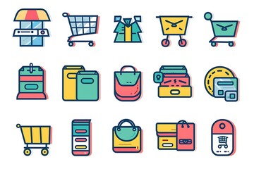 Set of minimalist e-commerce icons designed with clean lines and simple shapes, representing shopping