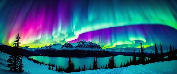 aurora borealis over alpine forest lake background