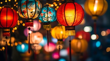 Glowing Chinese New Year Festival Lanterns Surrounded by Vibrant and Festive Symbols Creating a Warm and Celebratory Atmosphere