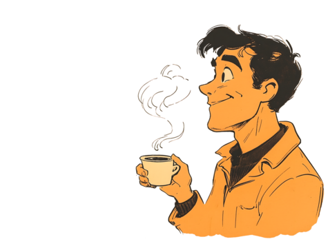 Cartoon of a Man Holding a Cup of Steaming Coffee