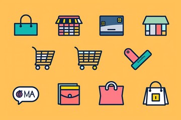 Set of minimalist e-commerce icons designed with clean lines and simple shapes, representing shopping