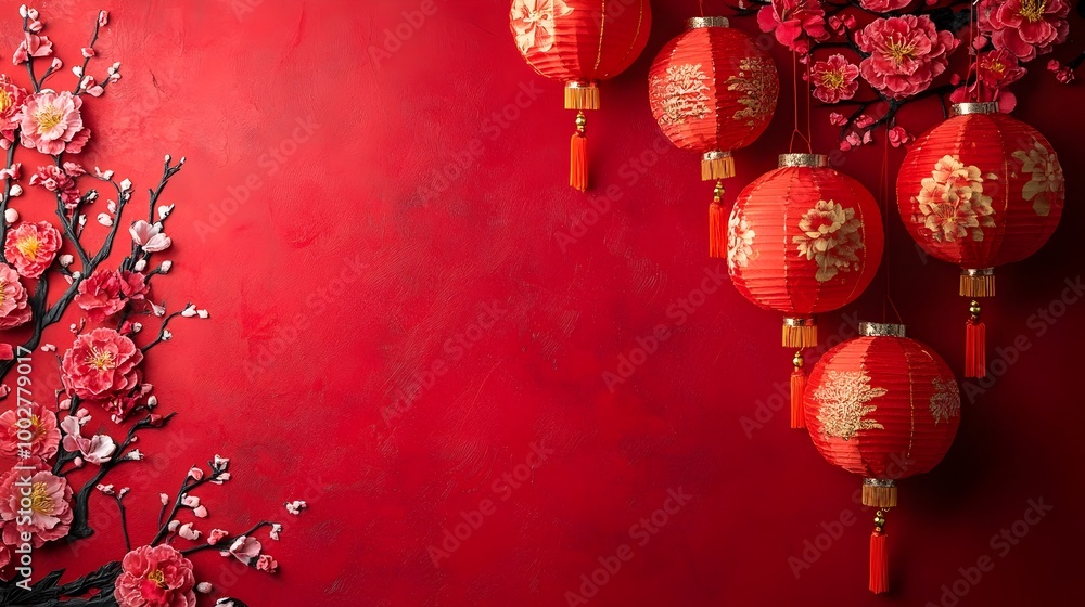 Poster vibrant chinese new year red backdrop with intricate patterns and festive lanterns symbolizing luck 