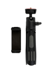 Black tripod with phone mount attachment on white background.