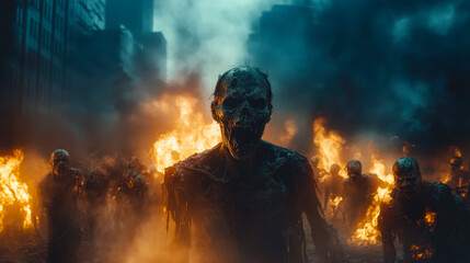 Obraz premium Terrifying Zombie Horde Marching through Burning City at Night with Apocalyptic Atmosphere