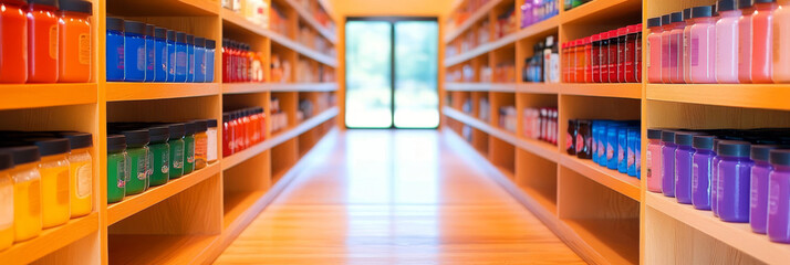 Aisle of colorful jars on shelves in a store
