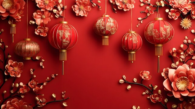 Vibrant Chinese New Year Red Backdrop with Intricate Patterns Festive Lanterns and Symbols of Luck and Happiness  Traditional Chinese and elements for lunar new year floral motifs auspicious symbols